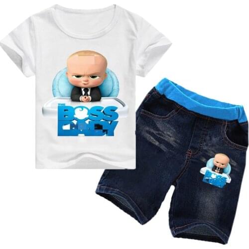 Kids skinhead baby short sleeve T-shirt jeans jean shorts 2 piece kids suit casual fashion summer cotton sports suit