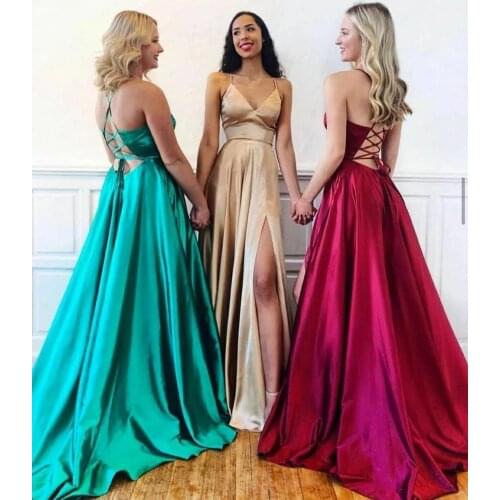 Long Satin Champagne Side Slit Prom Dresses with Pockets Maxi V-Neck Sexy Back Formal Evening Dress Party Gowns