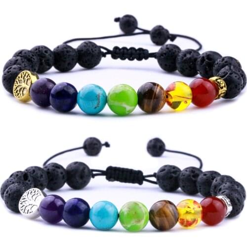 8mm Lava Stone Tree Of Life Weave 7 Chakra Healing Balance Beads Reiki Aromatherapy Essential Oil Diffuser Bracelet Jewelry