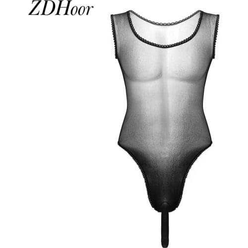 Sexy Mens See Through Sheer Lace Mesh Leotard Penis Sheath Bodysuit Chiffon Lingerie Sleeveless Bulge Pouch Jumpsuit Nightwear
