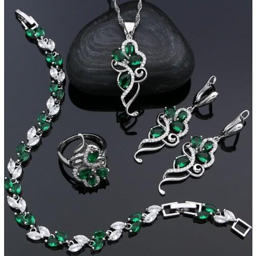 Green Stones 925 Sterling Silver Bridal Jewelry Sets For Women Earrings Pendant Ring Bracelet Necklace Kit
