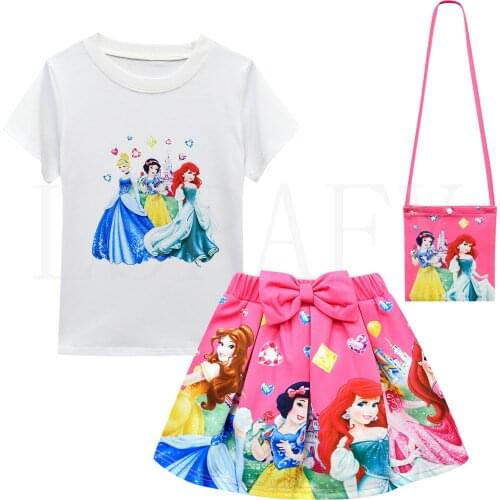 Disney Snow White Princess Baby Girls Clothes Suits Cartoon Short T Shirt + Bow Skirt Clothes Sets Birthday Dress With Bag