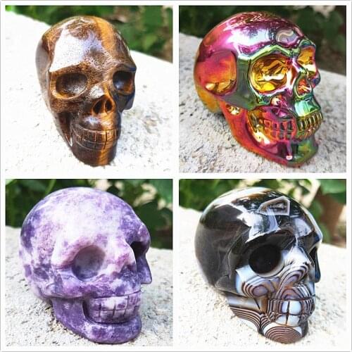 New arrived Agate Crystal skull Natural tiger eye Quartz skulls Kunzite Cranium Home decor Healing