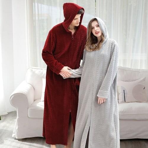 Autumn and Winter Zipper Nightgown Hooded Loose Thick Warmth Pajamas Couple Plus Plush Pajamas Bridesmaid Gift