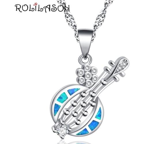 ROLILASON Popular gift Guitar shape Blue Fire Opal Silver Stamped Necklace Pendant Fashion Jewelry for Women OP814