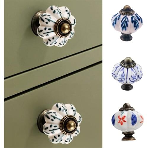 Kitchen Cupboard Wardrobe Room Pull Drawer Handle Ceramic Single Hole Blue White Pumpkin Drawer Cabinet Handle Hardware
