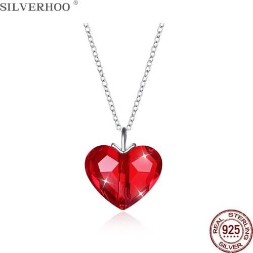 SILVERHOO Sterling Silver 925 Jewelry Romantic Heart Necklaces Pendant For Women Red Austria Crystal Necklace Anniversary Gift