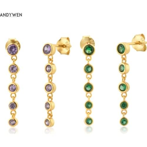 ANDYWEN 925 Sterling Silver Colorful Zircon CZ Chain Stud Earring Fine Jewelry 25mm Mini Piercing Chain Earring Pendiente Jewels