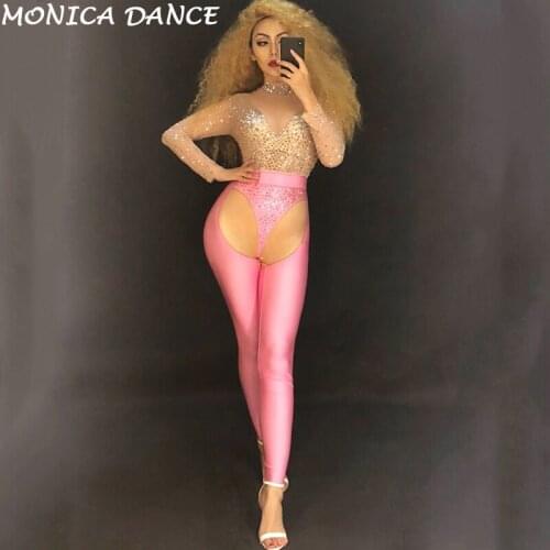 Mesh Glisten Silver Rhinestones Dj Jumpsuit Womens Birthday Celebrate Stretch Pink Leggings Outfit Female Singer Dance Bodysuit