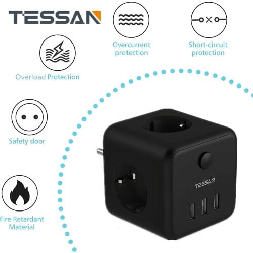 TESSAN USB Wall Socket Power Strip EU Plug with 3 Outlets 3 USB Charging Ports Switch Overload Protection Portable Power Adapter