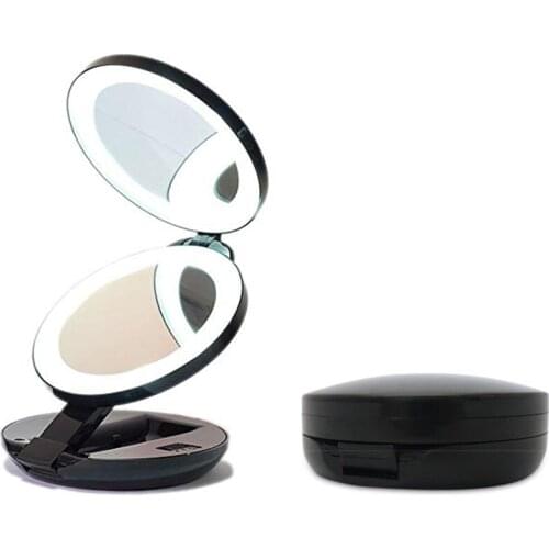 LED lights Mirror three Folding 5x Magnification Makeup Mirror Compact Stand Hand Cosmetic Mirror Woman Pocket Mirrors make up