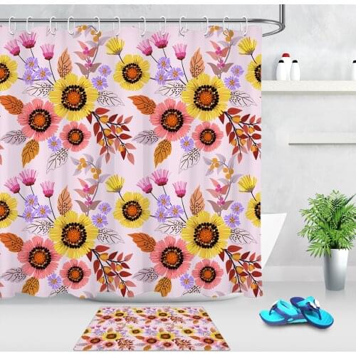 Vintage Chrysanthemum Wildflower Leaf Cartoon Shower Curtain Fabric Waterproof Polyester Bath Curtain With Hooks Bathroom Decor