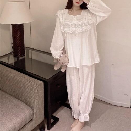 Ladies sleepwear white 100% cotton lace princess pajama set long sleeve polka dot spring autumn homewear clothes cute suit L505