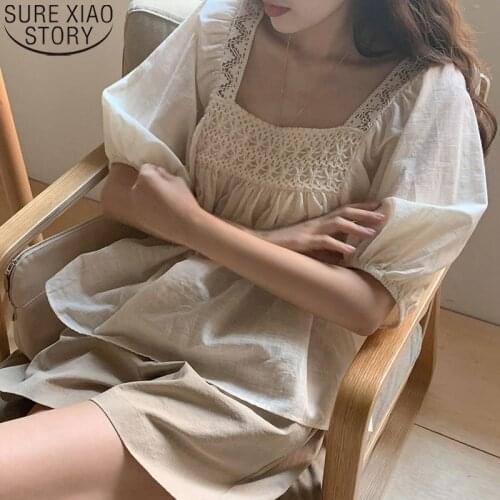 Casual Blouse Sweet Square Collar Backless Hook Flower Hollow Korean Puff Sleeve Women Shirt Vintage Women Tops and Blouse 14321