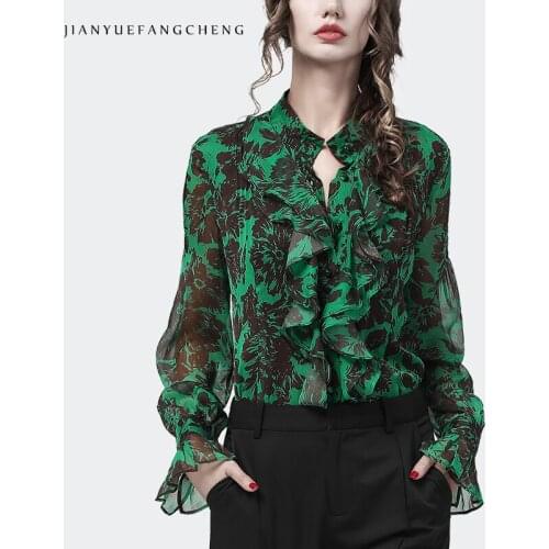 Fashion Womens Long Sleeve Green Chiffon Printing Blouse Autumn New Stand-Up Collar Ruffle Button-Down Shirt Loose Vintage Tops
