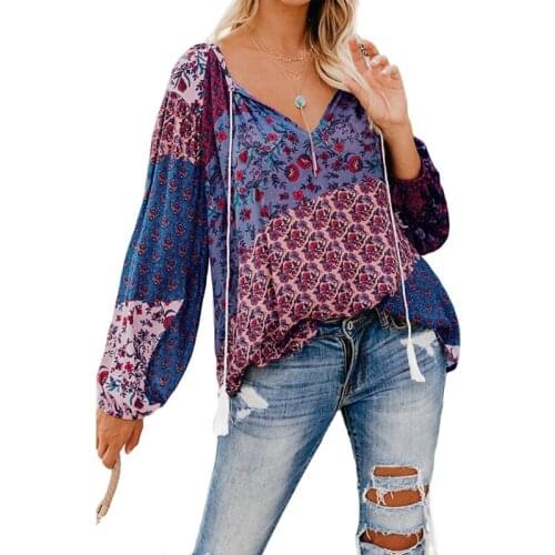 New Fashion Autumn Vintage Floral Print Blouse Women Long Sleeve Loose Drawstring V-neck Chic Shirt 2021 New Chiffon Boho Shirts
