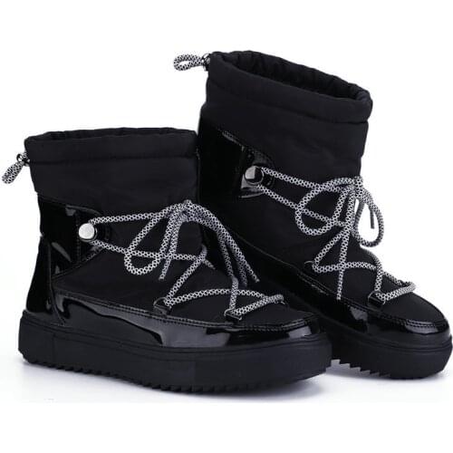 New Leather Woman Snow Boots Natural Fur Snow Boots Warm Wool Womens Lace-Up Round Toe Flat with Winter Boots Botas Mujer