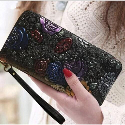 Women Long Wallet PU Leather 3D Embossing Rose Dragonfly Butterfly Clutch Women Bag Large Capability Zipper luxury Hangbags