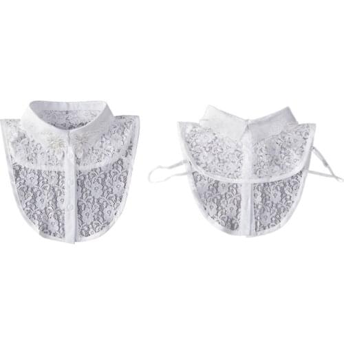 066C Women Lace Lapel Half Shirt Embroidery Leaves Pattern False Collar Blouse Handmade Fuax Pearl Beaded Jewelry Dickey