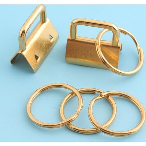 10sets 25mm Gold Color Key Fobs Hardware with Key rings Key Chains For Wrist Key Lanyard Clips Metal Ribbon End Cap