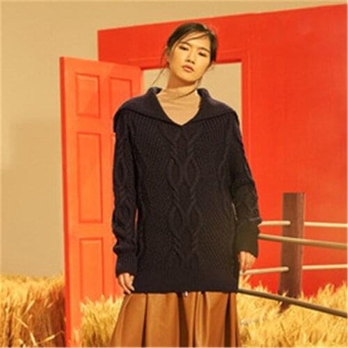 100% hand made pure wool crew neck knit women fashion solid twisted thick H-straight pullover sweater one&over size