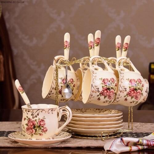 225ml Ceramic Coffee Cup and Saucer 800ml Teapot Phnom Penh Rose Bone China Drinking Cup Home Afternoon Tea Cup Cafe Supplies