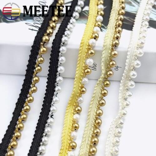 Meetee 5yards 1cm Gold Pearl Beaded Embroidered Lace Trim Ribbon Fabric Handmade DIY Costume Dress Sewing Supplies Craft AP346