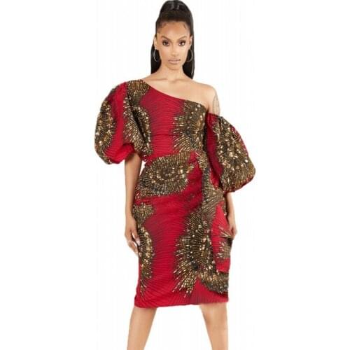 African Sequins Dress Women Fashion Off Shoulder Lantern Sleeve 2021 New Slim Elegant Chic African Traditional Party Dress Robes