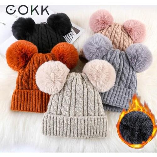 COKK 2020 New Winter Hat Women Cute Two Pompom Fur Beanie Bonnet With Velvet Thick Warm Ski Snow Hat Female Knitted Cap Fashion