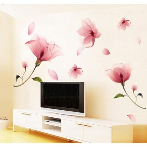 DIY 3D Pink Flowers Home Decor Wall Sticker Poster Wall Paste For Girls Kids Bedroom Home Plant Wallpaper Decoration Accessories