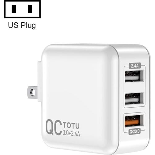 TOTU US EU UK Plug Charging QC 3.0+2.4A Three USB Travel Charger Power Adapter for iPhone Samsung Xiaomi Huawei Phone Charging