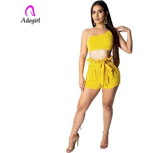Yellow Orange Two Piece Set Crop Top + Shorts Suit Sexy One Off Shoulder Sleeveless Bodycon Summer Suit Casual Femme Tracksuit