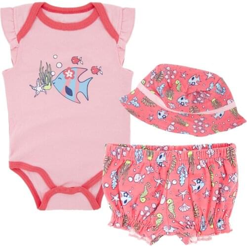 Honeyzone Baby Girl Summer Clothes Toddler Beach Set Animal Cartoon Print Baby Girl Outfit Vestiti Neonata Jumpsuit Sun Cap