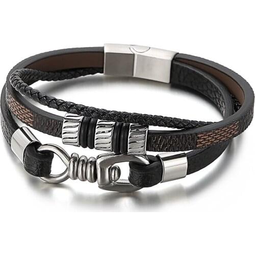 2021 European Punk Jewelry Mens Multilayer Cowhide Contrast Woven Stainless Steel Leather Bracelet Braided 210mm