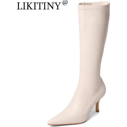 NEW LIKITINY 2021 Spring Autumn Womens shoes Pointed Toe off-white Stilettos Heels Zipper Knee High Boots Big size 40