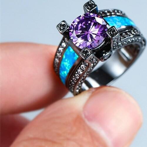 Purple Round Crystal Engagement Ring Boho Female Blue Opal Stone Ring Vintage Fashion Black Gold Wedding Rings For Women Jewelry