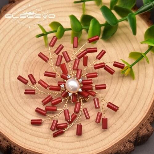 GLSEEVO Orginal Natural Freshwater Pearl Brooch For Womens Anniversary Handmade Natural Coral Flower Luxury Jewelry GO0377