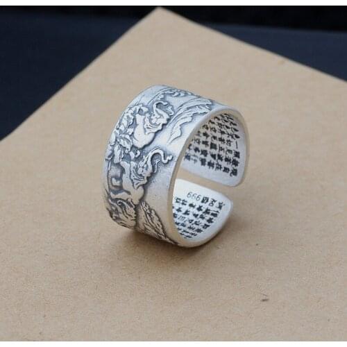 Thai Baby Elephant Sterling Silver Ring 999 Sterling Silver Buddhist Heart Sutra Opening Ring