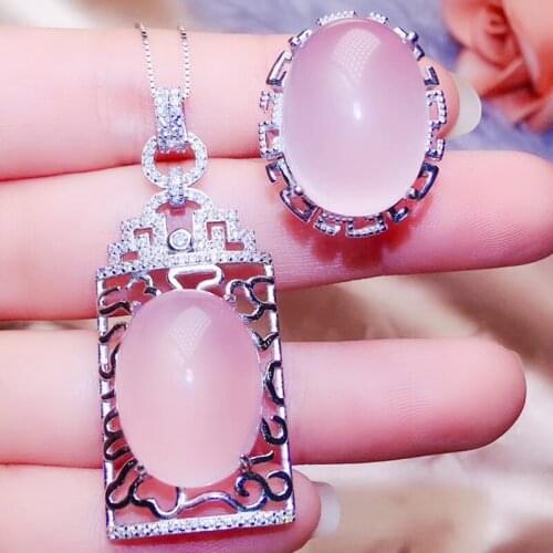 Per jewelry Natural rea big rose quartz jewelry set 1pc ring 1pc pendant 13ct*2pcs gemstone 925 sterling silver R203197