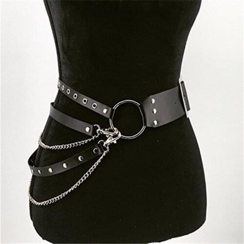 Gothic Waist Belt Chain Women Fashion Metal Circle Ring Design Silver Pin Buckle Leather Black Waistband Jeans Men Ladies Belt