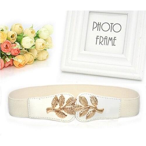 Women Fashion Elastic Metal Leaf Buckle Belts for Women Dress Accessories Retro Waistband Blue Pink White Black Women Belt