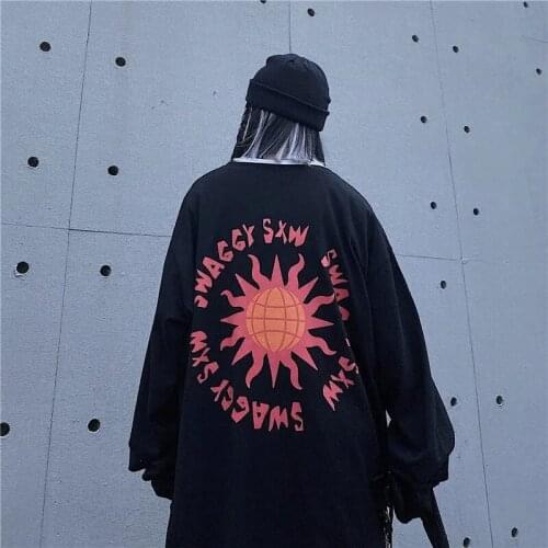 Korean street hip-hop sun print Harajuku round neck loose long-sleeved t-shirt top junk punk oversized Y2K clothes album album