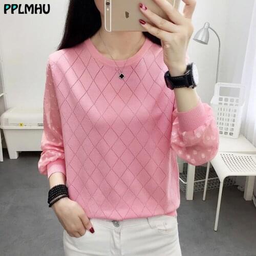 Loose Chiffon Long Sleeve Patchwork O-Neck Knitted Pullovers Women Plus Size Solid Thin Sweaters Female Korean Style Knitwear
