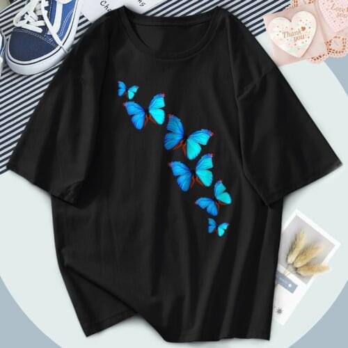 Beautiful Blue Butterfly T-shirts Female Funny Print Short Sleeve Clothes Black Harajuku Tops Women Tees Washable Camiaetas