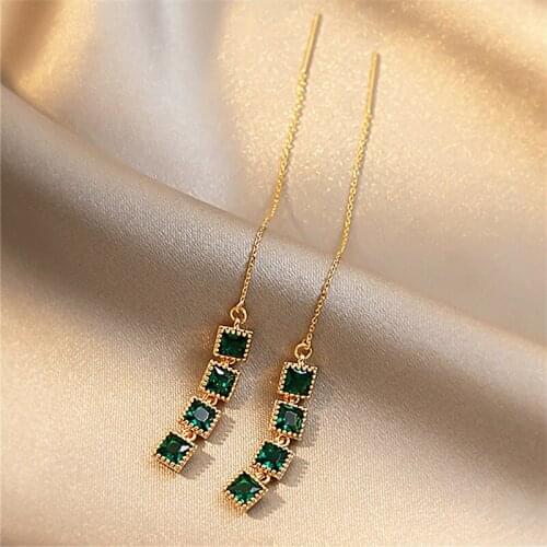 Minar French Green Color Square Cubic Zircon Pendant Earrings for Women Girls Long Chain Tassel Dangle Earrings Luxury Jewelry