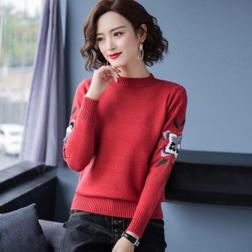 Winter Fall Casual Woman Clothes Turtleneck Green Yellow Black Beige Embroidery Knit Sweater , Pullover Sweaters for Women