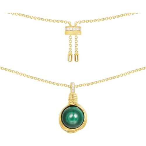 SLJELY 925 Sterling Silver CZ Zircon Yellow Gold Color Intemporel Malachite Natural Stone Pendant Necklace Women Fine Jewelry