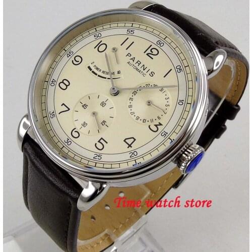 42mm Parnis mechanical watch men stainless steel waterproof leather bracelet DATE Power reserve yellow dial Auto wrist1303