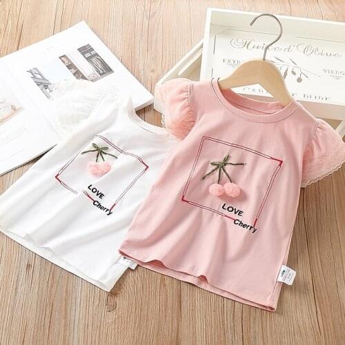 Childrens Clothing Summer New Baby Girls T-shirts 2021 Kids Cute Lace Puff Sleeve Cotton T Shirts Fashion Cherry Tops For Girl