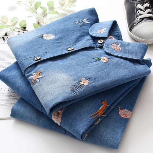 Girls denim Blouses Long Sleeve Autumn Kids embroidered Cartoon FoxTops Cotton School